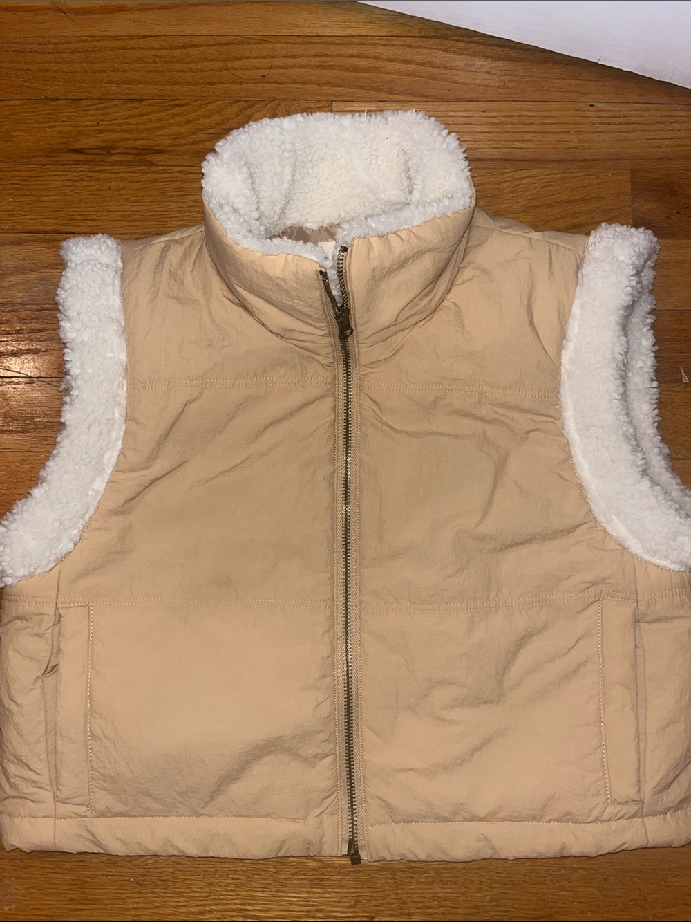 NWT Thread & Supply Tan Puffer Vest with White Sherpa Lining